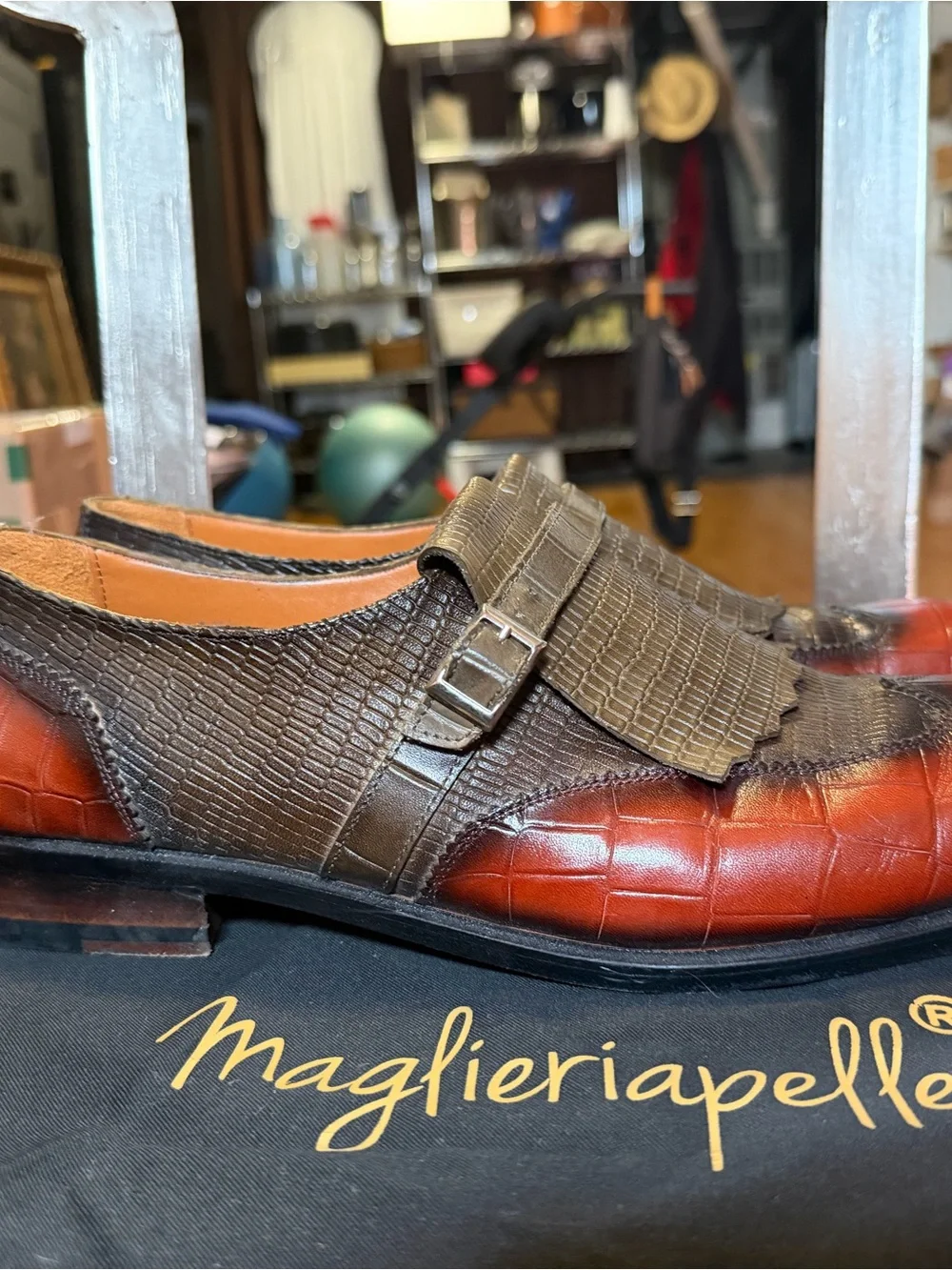 Men's Orange & Green Crocodile Print Calf Kiltie Monkstrap Slip-On Loafers